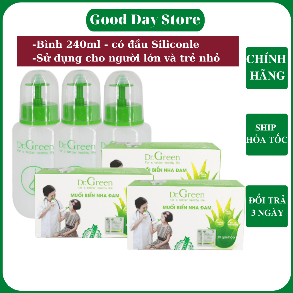 Bình xịt rửa mũi 240ml Dr.Green - Tặng kèm 10 gói muối biển nha đam