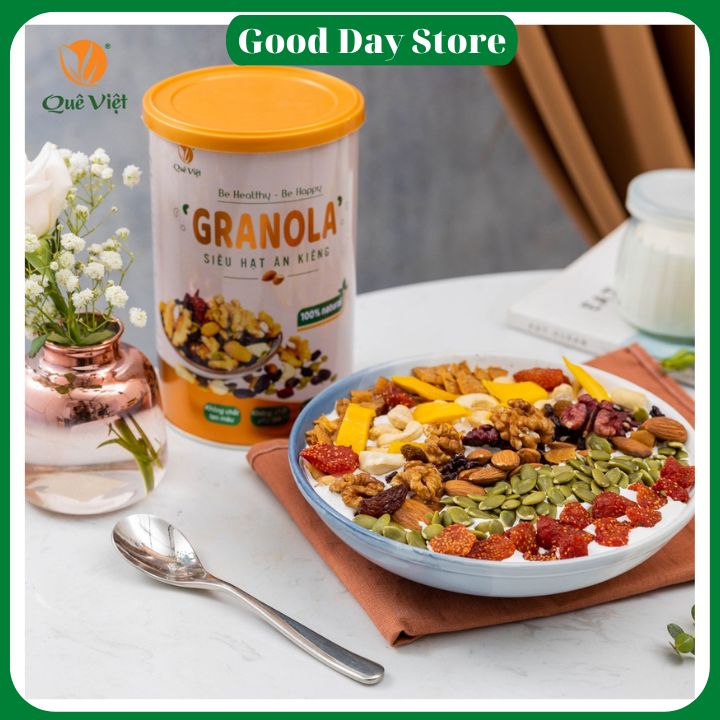Granola siêu hạt ngũ cốc ăn kiêng Quê Việt, nguyên liệu hữu cơ,không có yến mạch, 1 hộp 500gram