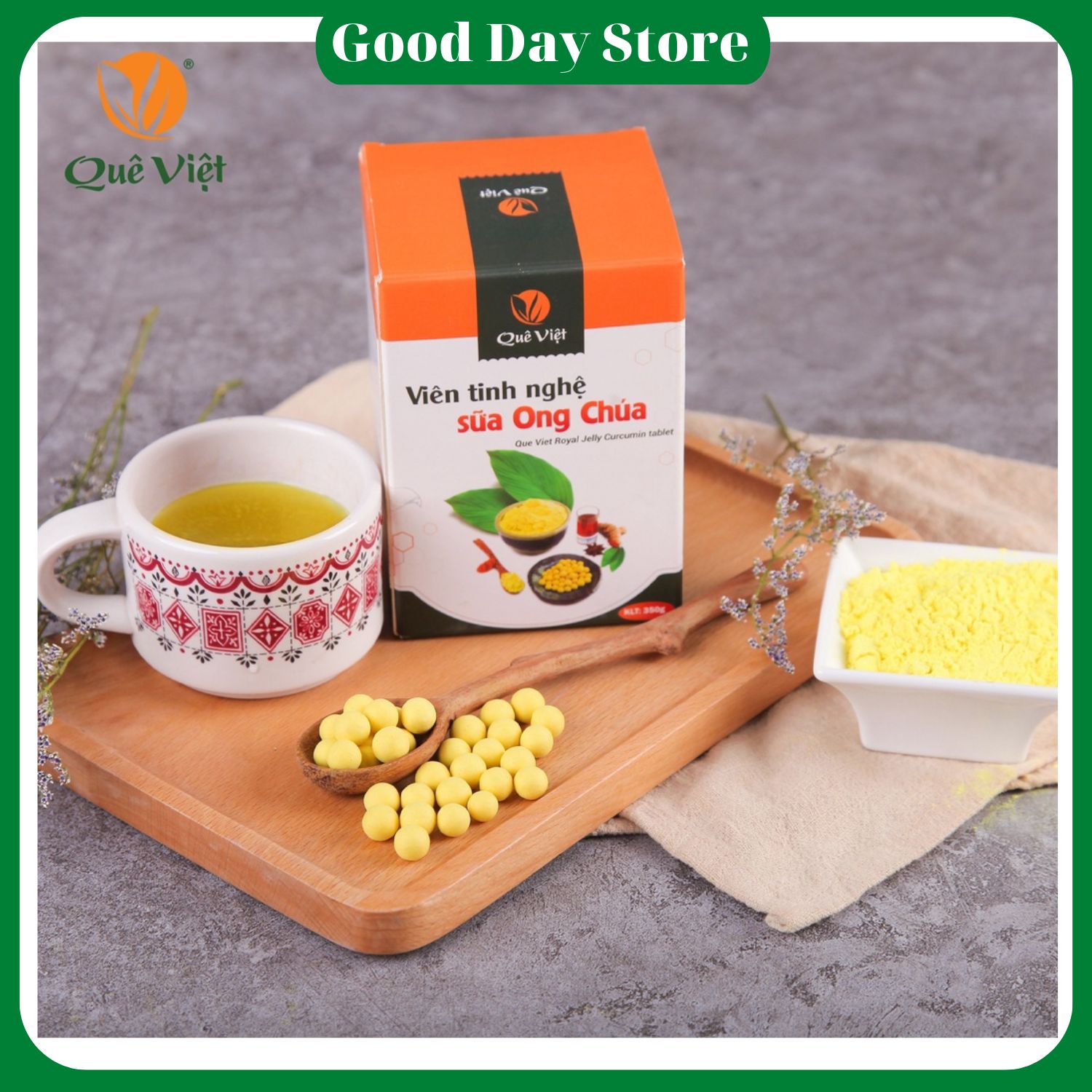 Viên tinh nghệ sữa ong chúa Quê Việt ,tăng cường sức khỏe, làm đẹp da hộp 350 gram - Shop Good Day Store