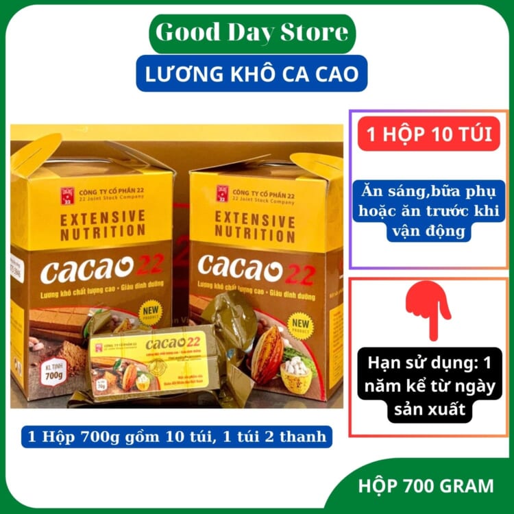 Lương khô cacao dinh dưỡng dùng để ăn sáng,ăn bữa phụ,ăn trước khi vận động,hộp 700gram gồm 10 túi ( mỗi túi 2 thanh )